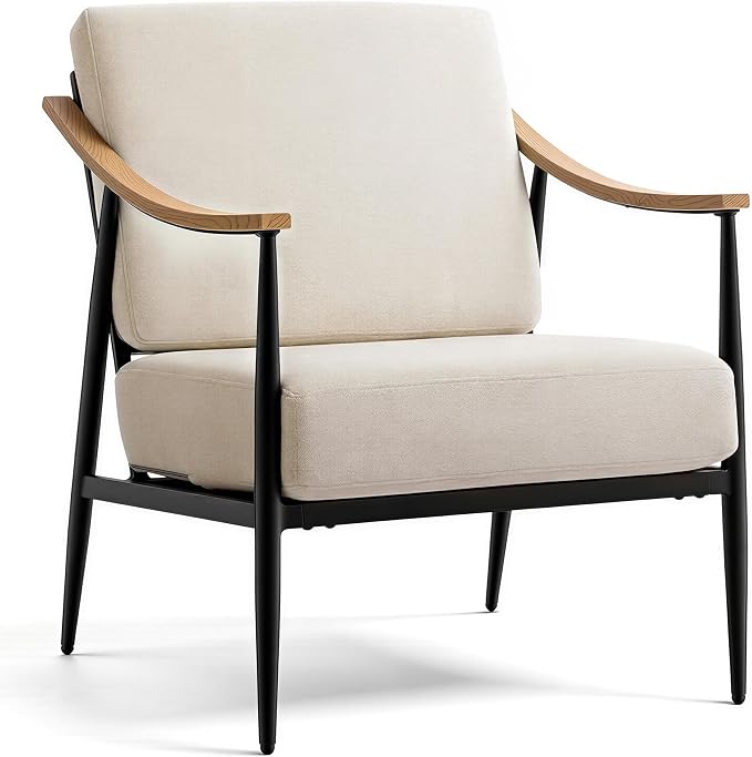 RNKSFX Modern Accent Chair for Living Room Bedroom Mid Century Arm Chair Upholstered Office Accent Chair Comfy Waiting Room Chair with Metal Frame, Beige