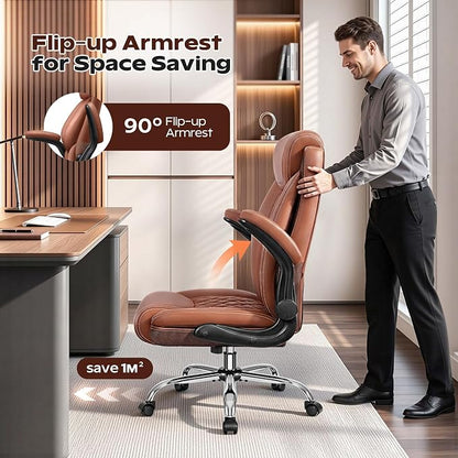 Office Chair, Ergonomic High Back Home Office Desk Chair, Big and Tall Breathable Leather Office Chair with Lumbar Support Flip-Up Armrests, Computer Chair with Rocking Function