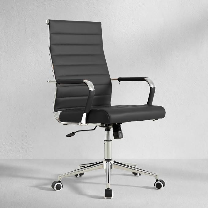 Okeysen Office Desk Chair, Ergonomic Leather Modern Conference Room Chairs, Executive Ribbed Height Adjustable Swivel Rolling Chair for Home Office. (Black)