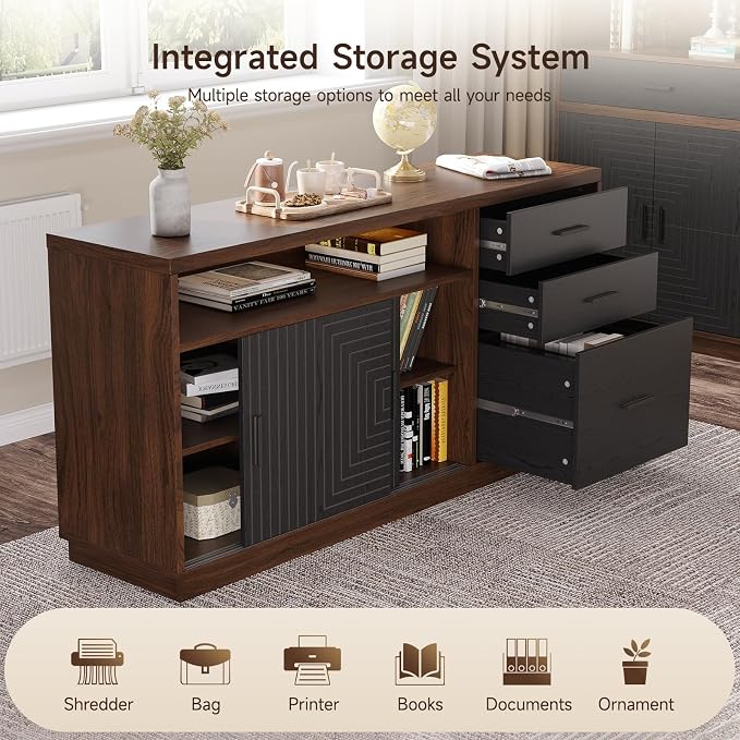 ONBRILL 63" Electric Standing Desk with 55" File Cabinet, Adjustable Height Home Office Furniture Set with Monitor Stand and 3 Drawers, Executive Workstationfor Home Office, Walnut