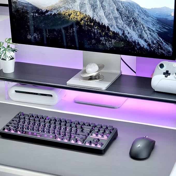 Bamboo Monitor Stand Riser with RGB Lights,31.5 Inches Desktop Shelf with Acrylic Legs Supports for Desk, PC Computer Monitor, Laptops, Printer, Speakers (Black)