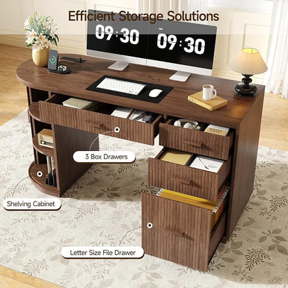 ONBRILL 58 Inch Fluted Executive Desk, Computer Desk with Storage Drawers & File Drawer, Modern Home Office Desk with Charging Station for Working, Studying, Writing, Walnut