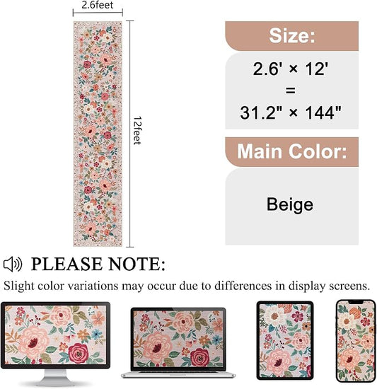 DUKINO 2.6x12 Kitchen Runner Rug, Lightweight Floral Washable Rug for Hallway, Boho Low Pile & Non Slip Backing Soft Floor Carpet for Entryway, Bedroom, Bathroom, Laundry, Beige