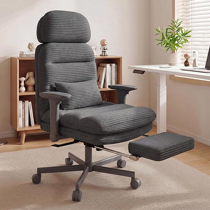 GXJ Criss Cross Legged Office Chair with Flip-up Arms, Footrest, G800 Plus | 6.3" Cushion Relieves Tailbone Pain, Head-Lumbar Support Eases Fatigue, Smooth Rolling Wheels, Corduroy Desk Seating, Black