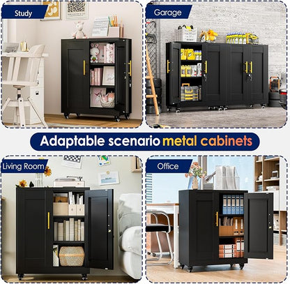 erosoei 35" H Metal Garage Storage Cabinet, Rolling Tool Cabinet with 2 Doors and Wheels, Locker Steel Cabinet with 2 Adjustable Shelves, Organization Cabinet for Garage,Office,Home,Gym,School（Black）