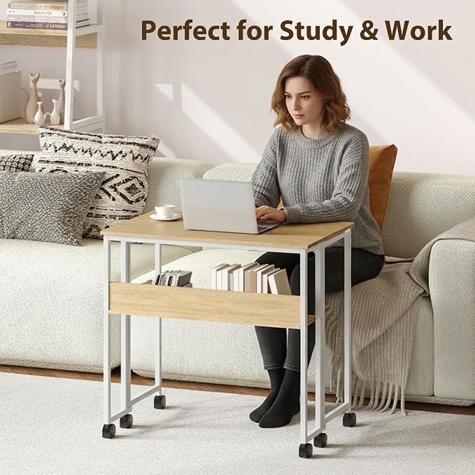 GAOMON 31.5" Folding Desk Rolling Desk with Storage Shelf,Space-Saving Foldable Computer Desk with Wheels,Portable Mobile Couch Sofa Side Table for Small Spaces, Home Office, Study, Easy Assembly,Oak
