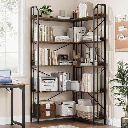 GarveeHome Corner Bookshelf 72" L Shaped Bookcase, Corner Bookshelves Industrial Bookcase 5 Tier L-Shape Bookshelf, Large Bookcases with Beaded Design Tall Display Rack Shelf for Living Room Bedroom