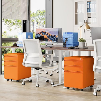 Dripex 3 Drawer Orange File Cabinet, Mobile Under Desk Storage File Cabinet with Lock on Wheels, Letter/Legal Size,Fully Assembled, Small Short Vertical Metal Rolling Filing Cabinets for Home Office