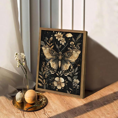 Vintage Moth Canvas Wall Art, Dark Academia Gothic Decor, Insect Botanical Painting, Enchanted Moth Flowers Picture Print, Nature Wall Decor for Living Room Bedroom 12x16 inch Wood Framed