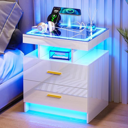 HNEBC Auto LED Nightstand Set of 2, White Night Stand with Charging Station & USB Ports, High Gloss Bedside Table has 2 Drawers,Modern End Side Table for Bedroom (White)