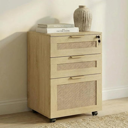 Lateral File Cabinets for Home Office, 3 Drawer Filing Cabinet with Lock, Rattan Filing Organization Storage Cabinets with Printer Stand for Hanging Files/Letter/Legal/A4/F4 Size, Natural Wood