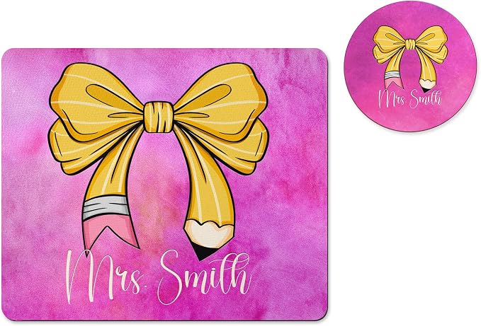 Personalized Teacher Mousepad and Coaster Desk Set Gift for Teachers Appreciation Back to School Classroom Decor Custom Handmade by The Painted Pug (Coquette Bow)