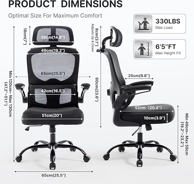 Ergonomic Office Chair, 330lbs Mesh Desk Chair with Adjustable Lumbar Support, 3D Headrest and Flip-Up Arms, Comfortable High Back Computer Chair for Home Office