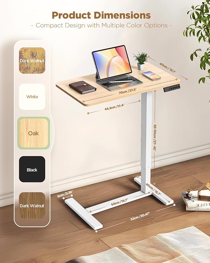 Overbed Bedside Table with Wheels, Electric Standing Desk Adjustable Height, Small Computer Desk for Home Office, Rolling Laptop Desk for Bed, Sofa, or Hospital Use (28"x16",Oak)