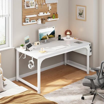 DurayLoly 47 x 24 inch Desk with RGB LED Lights & Power Outlets, Gaming Desk with Detachable Monitor Stand, 110LBS Load Capacity, Heavy Duty Small Computer Desk for Home Office, White