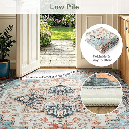 Lofus 8x10 Washable Rugs Non-Slip, Vintage Floral Area Rug for Living Room Bedroom Dining Room Kitchen, Low Pile Distress Print Carpet Home Decor Rug, Octagram Medallion Orange Blue Ivory