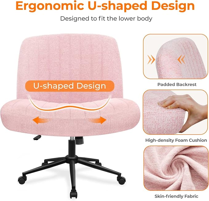 NEO CHAIR Criss Cross Chair with Wheels Armless Cross Legged Office Desk Wide Comfy Vanity Makeup Chair Adjustable Swivel Rolling Computer for Home Office Fabric (Pink)