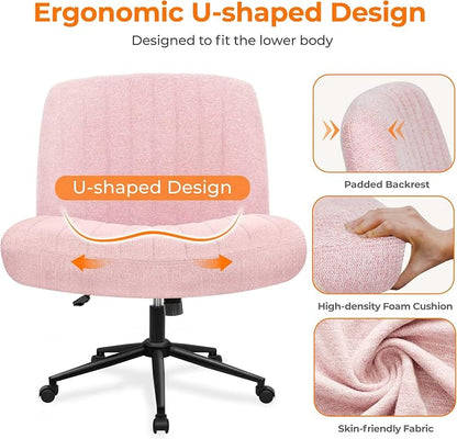 NEO CHAIR Criss Cross Chair with Wheels Armless Cross Legged Office Desk Wide Comfy Vanity Makeup Chair Adjustable Swivel Rolling Computer for Home Office Fabric (Pink)