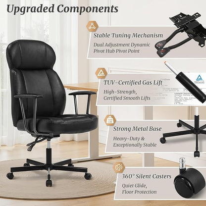 Cozyman Ergonomic PU Leather Home Office Chair, High Back Executive Desk Chair with 5-Layer Cushion, 95-135° Reclining Back, Lumbar Support, Adjustable Height, 360° Swivel for Home Office Task, Black