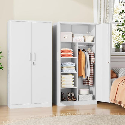 72" H Metal Garage Storage Cabinets, Lockable Broom Closet Cabinet with Hanging Rod & Doors, 5-Tier Steel Utility Cabinets for Garage, Laundry Room, Warehouse Storage, White