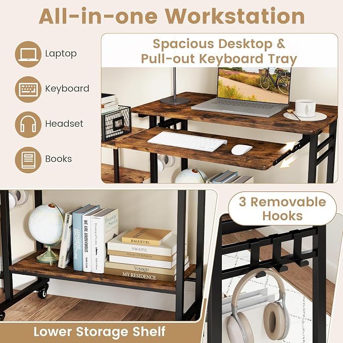 Giantex Rolling Computer Desk, Mobile Portable Desk with Keyboard Tray & Wheels, Laptop PC Table Cart with Shelf & Hooks, Industrial Small Desk for Small Spaces, Home Office, Bedroom, Rustic Brown