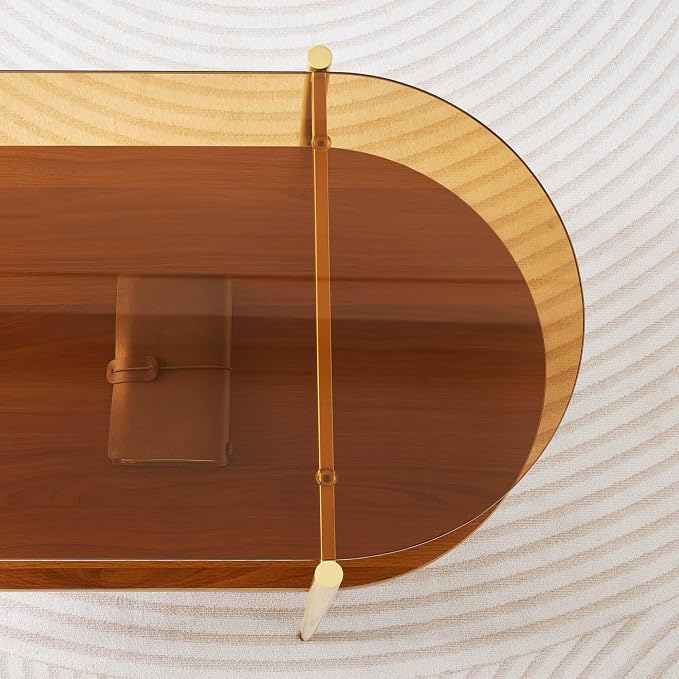 LumFurn Oval Glass Coffee Table, Mid-Century Modern Design, L41 x W21 x H17 inch, for Living Room, 2-Tier Structure, Amber Glass Top and Walnut Finish Wood Shelf, Conical Legs with Gold Finish Frame