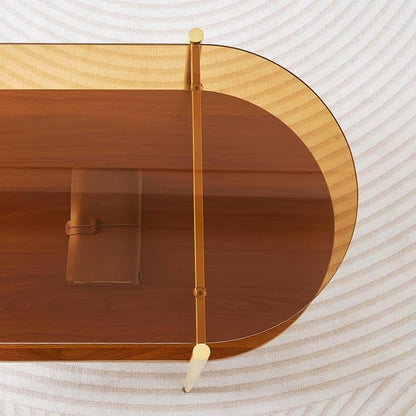 LumFurn Oval Glass Coffee Table, Mid-Century Modern Design, L41 x W21 x H17 inch, for Living Room, 2-Tier Structure, Amber Glass Top and Walnut Finish Wood Shelf, Conical Legs with Gold Finish Frame