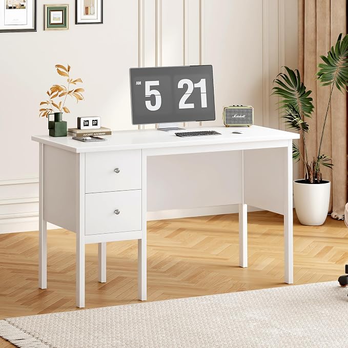 BHG Computer Desk with Drawers,Modern White Home Office Desk with Storage Filing Cabinet, Vanity Desk Makeup Dressing Table for Bedroom,Small Writing Table PC Desks for Study(White, 43.3")