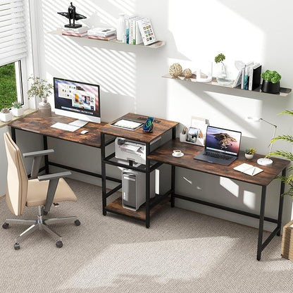 Tangkula 97" Extra Long 2-Person Computer Desk with Power Outlet, Home Office Computer Workstation with Printer Stand, Metal Mesh Shelf & CPU Stand, Double Gaming Table (Rustic Brown)