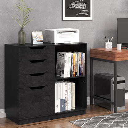 TQVAI 4 Drawer Filing Cabinet Organizer with 2 Open Shelves, Heavy Duty for Storing Letter A4 Size and Printer, Wood Lateral File Cabinets for Home Office, Hanging Files, Black, Easy Assembly