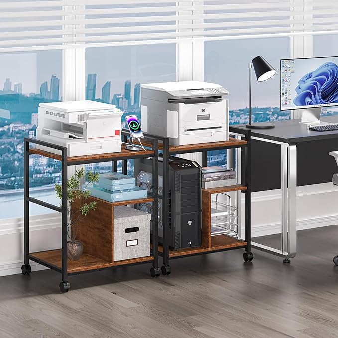 Lerliuo Printer Stand with Charging Station and USB Ports, Large 3-Tier Mobile Printer Table with Storage Shelf, Brown Rolling Industrial Printer Cart with Lockable Wheels for Home Office