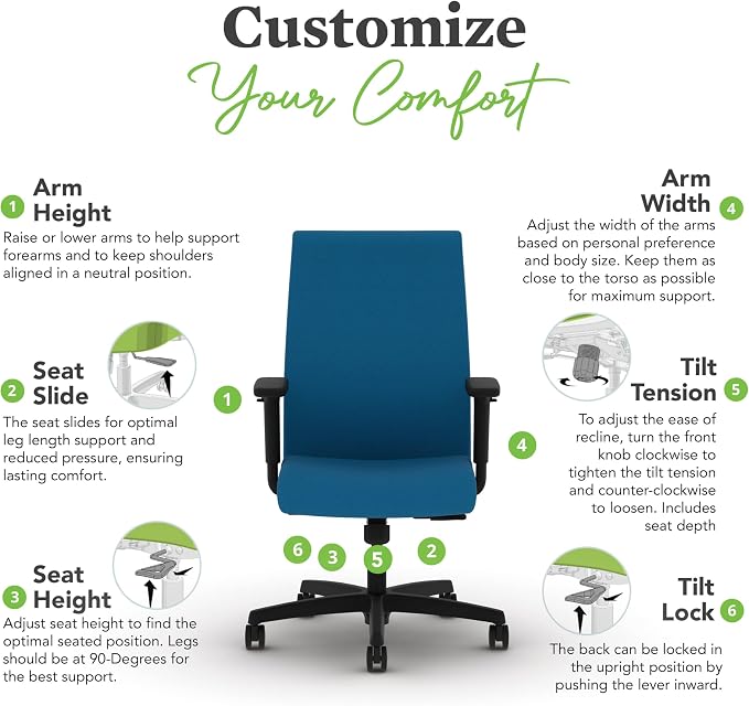 HON Ignition 2.0 Ergonomic Office Chair with Adjustable Arms, Standard Synchro‑Tilt Recline, Upholstered Desk and Computer Chair for Home Office or Workstation, Black Frame, Peacock