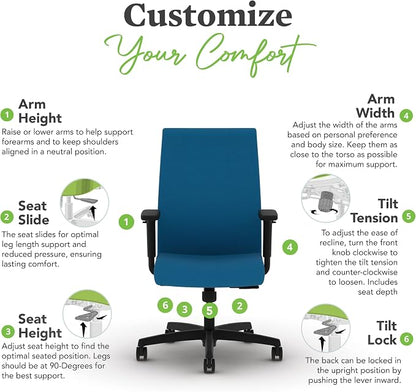 HON Ignition 2.0 Ergonomic Office Chair with Adjustable Arms, Standard Synchro‑Tilt Recline, Upholstered Desk and Computer Chair for Home Office or Workstation, Black Frame, Peacock