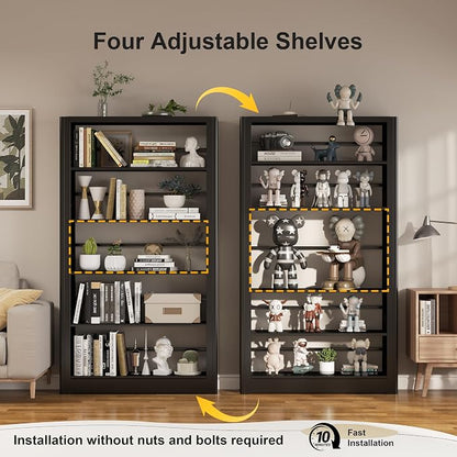 69" Tall Bookshelf, 5 Tier Black Bookcase with Adjustable Shelves, Freestanding Large Open Book Shelf Etagere Bookcase for Bedroom, Library, Living Room, Office