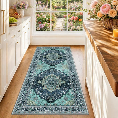 RELEANY Area Rugs Runner 2'x6' Washable Non-Slip, Floral Vintage Distress Medallion Carpet for Kitchen Hallway Bedroom Beside Laundry Room Bathroom, Teal Green Lake Blue Turquoise