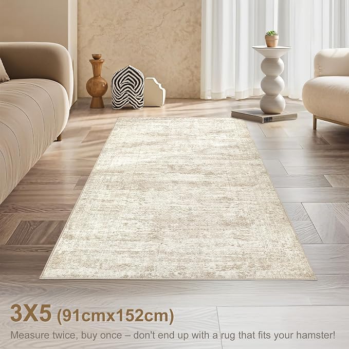 UERMEI 3x5 Washable Area Rug - Neutral Modern Abstract Living Room Rugs, Non-Slip Soft Large Indoor Floor Carpet for Bedroom Home Office & Under Dining Table Decor, Beige/Brown