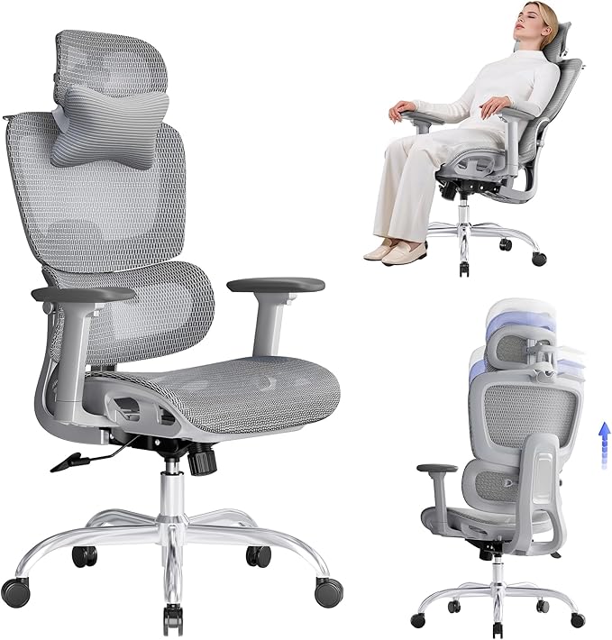Ergonomic Office Chair with 3D Headrest, Computer Chair with Adjustable Backrest & 3D Armrest, Gaming Chair with Adaptive Lumbar Support, Mesh Backrest & Cushion, Grey