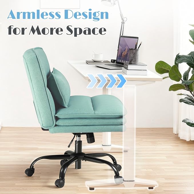 Furmax Criss Cross Legged Office Chair with Wheels, Armless Extra Wide Seat Swivel Desk Chair, Adjustable Height Comfy Task Chair with Thick Cushion for Home Office Bedroom Vanity (Fabric, Green)
