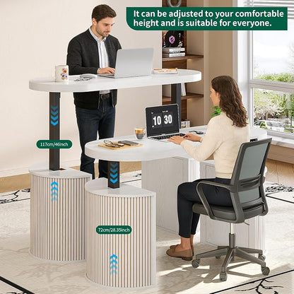 Mid Century Modern Electric Standing Desk with Storage, 55 x 22 Inch Small Sit Stand Up Desk, Wood Adjustable Height Computer Executive Desk for Home Office, Laptop, White