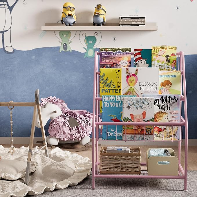 aboxoo Kids Bookshelf Small Toddler Freestanding for Children Room 18 inches Metal Bookcase Toy Organizer Pink Stable Bookcase Bookstore Library Book Unit Storage for Small Place
