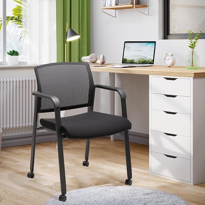 CLATINA Black Waiting Room Chair with Wheels Mesh Back Stacking Arm Chairs with Upholstered Fabric Seat and Ergonomic Lumbar Support for Office School Church Guest Reception