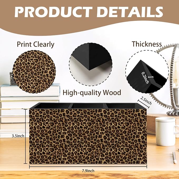 DILSJ Trendy Retro Leopard Print Pen Pencil Holder Organizer for Desk, Cheetah Room Decor, Leopard Print Gifts for Women, Cheetah Wooden Box Signs for Girly Bedroom Dorm Desk Tabletop Decor Supplies