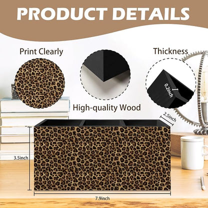 DILSJ Trendy Retro Leopard Print Pen Pencil Holder Organizer for Desk, Cheetah Room Decor, Leopard Print Gifts for Women, Cheetah Wooden Box Signs for Girly Bedroom Dorm Desk Tabletop Decor Supplies