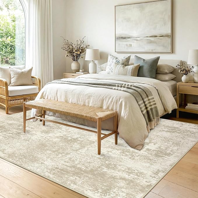RELEANY Washable Area Rugs 5'x7' Non-Slip Modern Abstract Soft for Living Room Entryway Bedroom Kitchen, Print Pattern, Beige Cream Brown