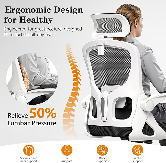 Ergonomic Office Chair, High Back Desk Chair with Flip-up Arms, 300 LBS Mesh Computer Chair with Adjustable Headrest & Lumbar Support, Comfy Gaming Chair for Adults, Home Office Desk Chairs (White)