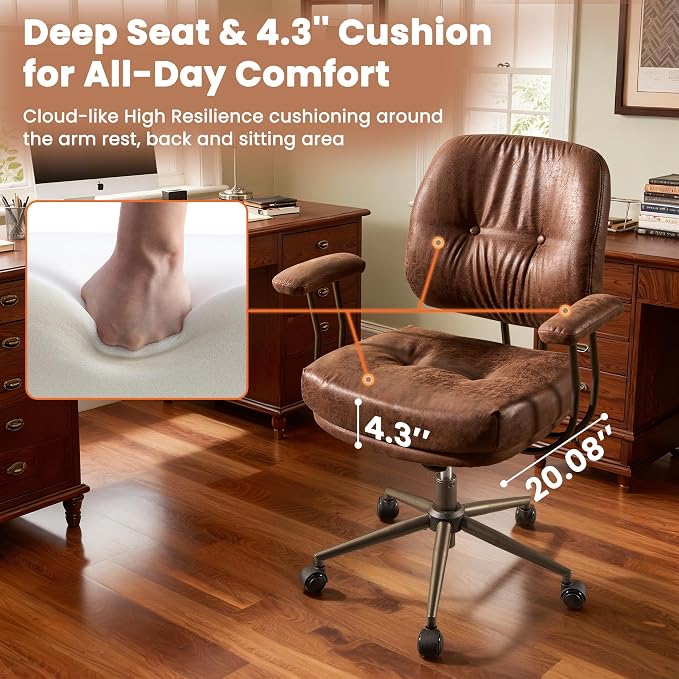 Leather Home Office Chair, Mid Back Ergonomic Desk Chair with Lumbar Support, Mid Century Modern Deep Seat Swivel Rocking Computer Chair, Dark Brown