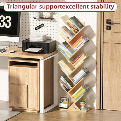 SHEEPAM 10 Tier Tree Book Shelf, Floor Standing Wood Bookshelf for Narrow Space, Storage Organizer Bookshelves for Books/CDs/Magazine, Bookcase with Shelves for Home Office, Living Room - Natural