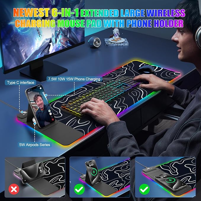 RGB Mouse Pad with Foldable Phone Stand Wireless Charger, 31.5"x11.8" XL Gaming Mousepad Large Desk Mat, Desk Pad with 11 Colors 5 Modes, Waterproof