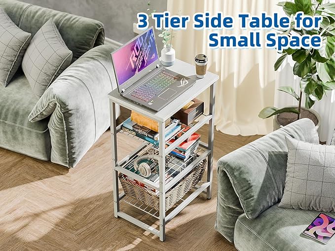 Desk Organizers and Accessories, Wood Printer Stand with 2 Metal Mesh Storage Shelf, Fits A4/Letter Size, Desk File Organizer for Home Office Fax Machine Scanner, Matte White