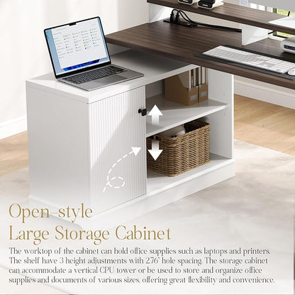 67" L Shaped Executive Desk with Drawers & Storage Shelf, Corner Computer Desk with Power Outlets, Home Office Desk with Monitor Stand, Printer Shelf, Computer Writing Desk for Work, Antique White
